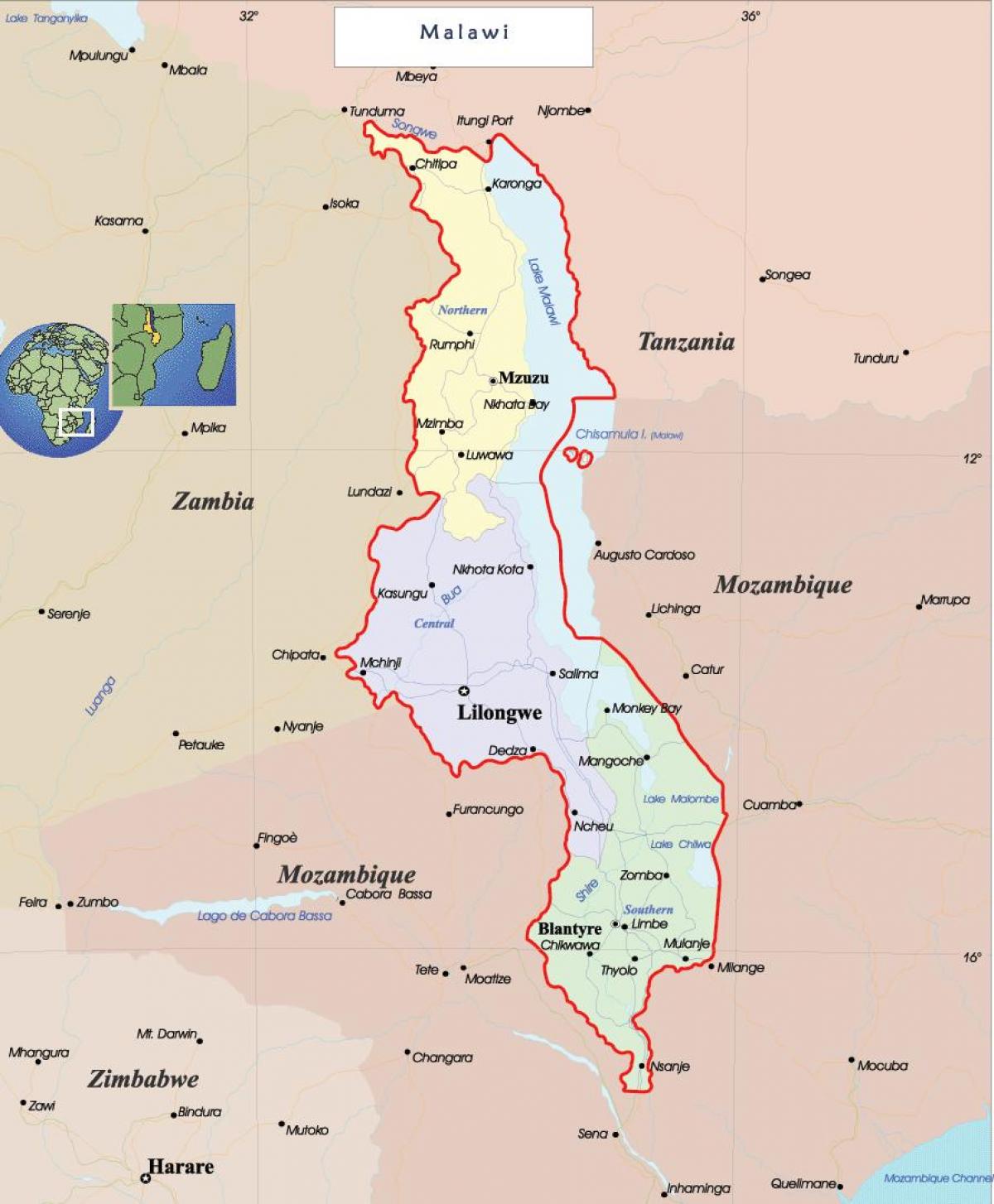 mapa ng Malawi pampulitika