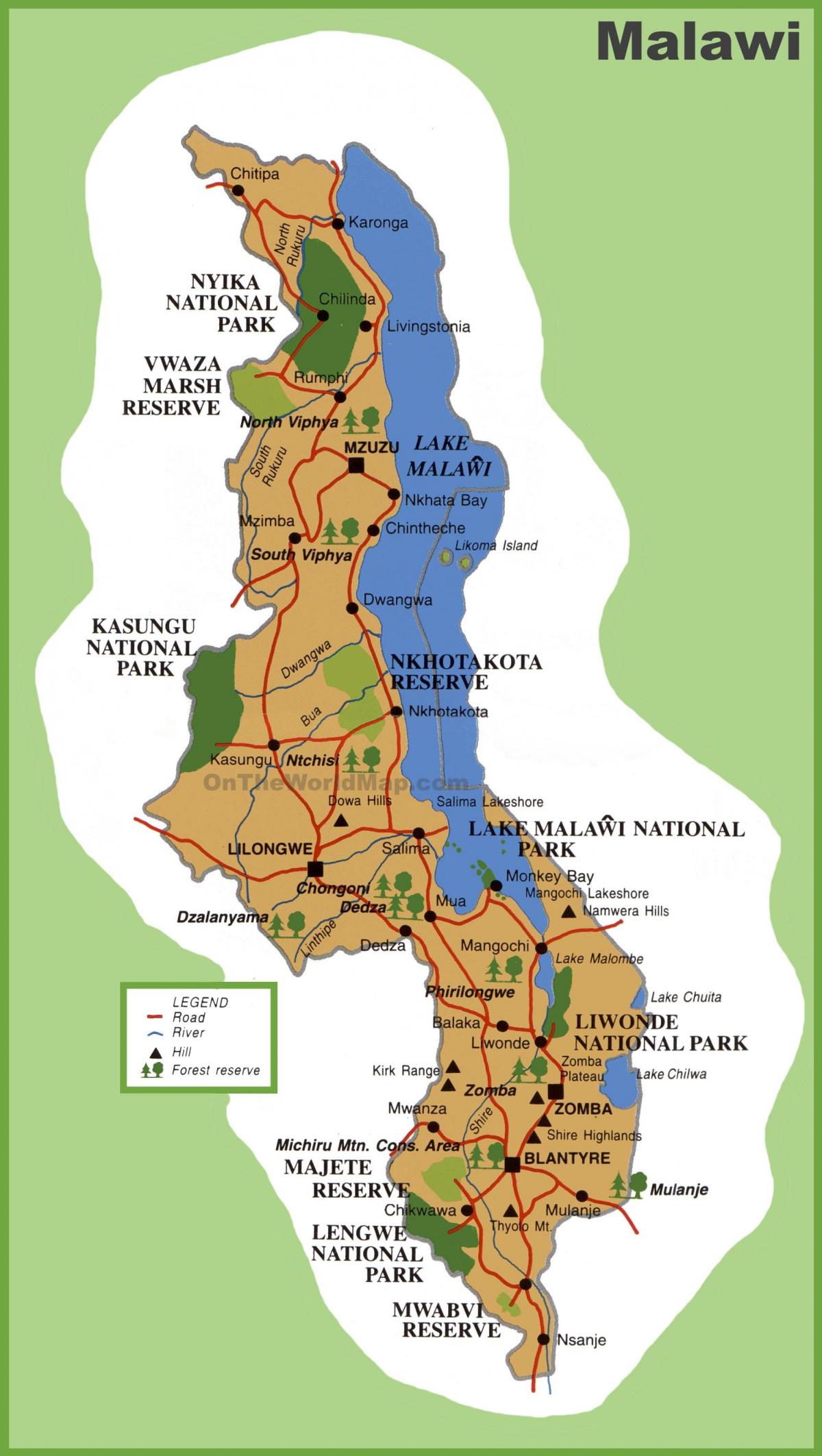 mapa ng Malawi at mga nakapaligid na mga bansa