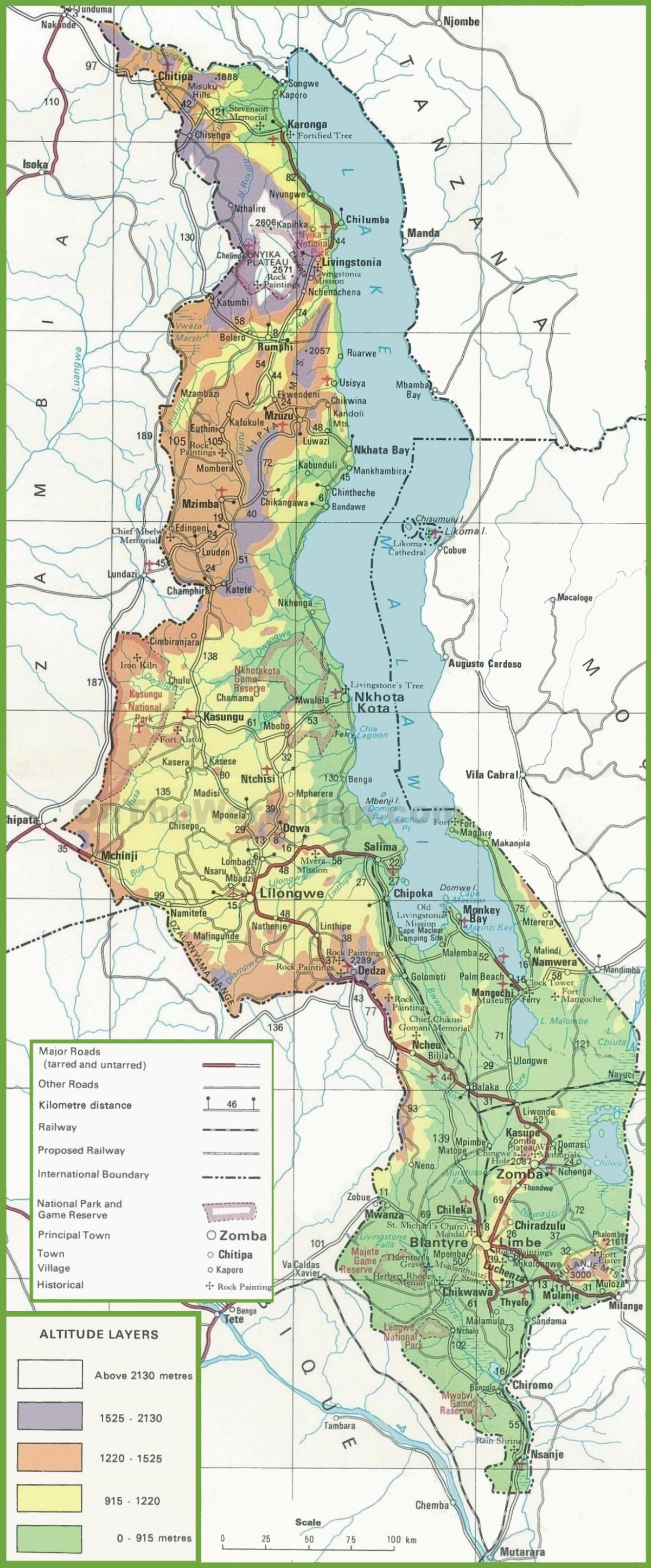 mapa ng pisikal na mapa ng Malawi