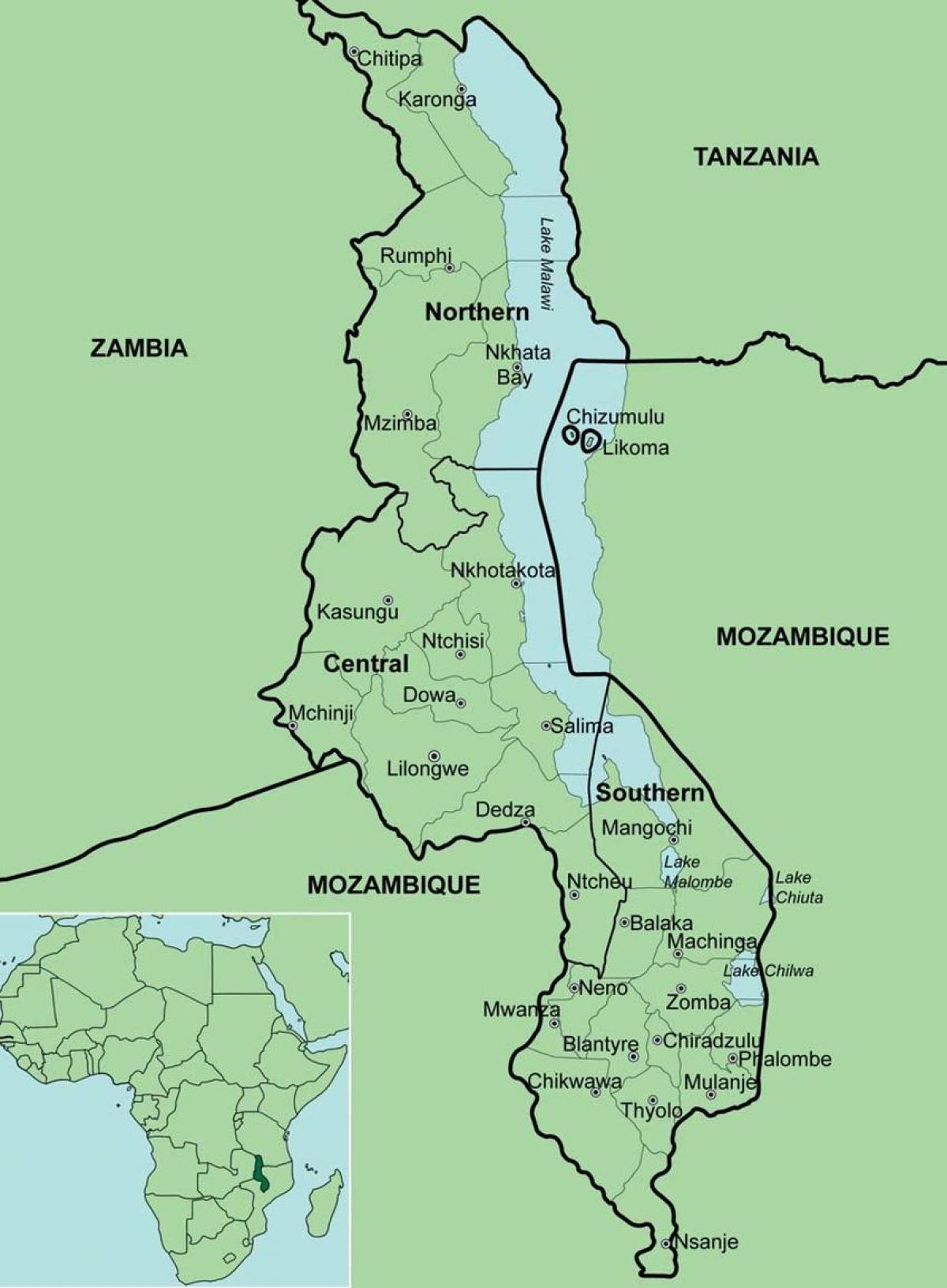 mapa ng Malawi ng pagpapakita ng mga distrito